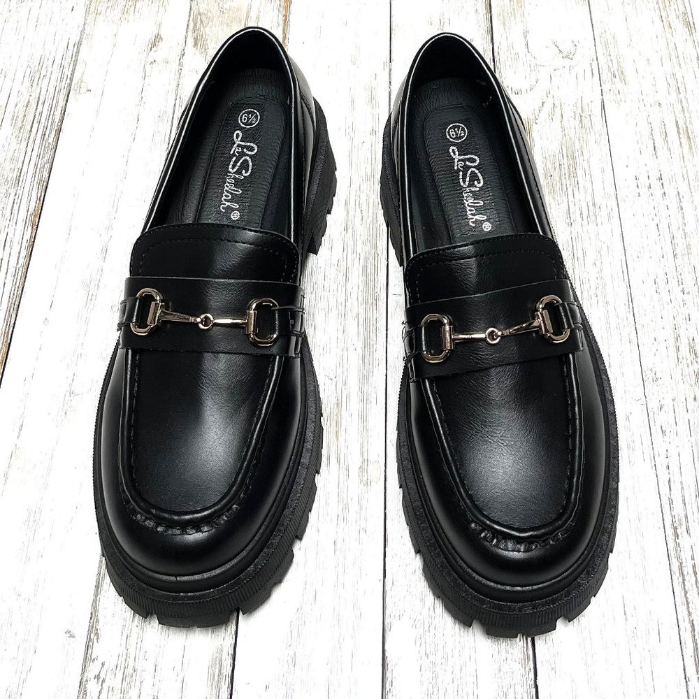 New Black Chain Platform Chunky Heel Penny Loafers - Picture 4 of 4